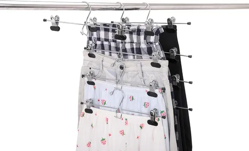 Vista 2 de 6 perchas de calidad para pantalones resistentes para falda/colgador de metal, clips ajustables extra anchos, multiapilables, para añadir