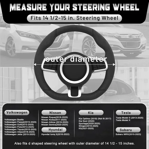 Vista 4 de SEG Direct Funda para volante de coche con fondo plano, forma D, 14 1/2-15 pulgadas (37-39 cm), cuero de microfibra negro