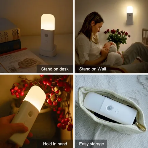 Vista 6 de YELKO Luz nocturna con sensor de movimiento, luces nocturnas recargables de 2000 mAh con batería, luces nocturnas portátiles regulables con 5 Blanco