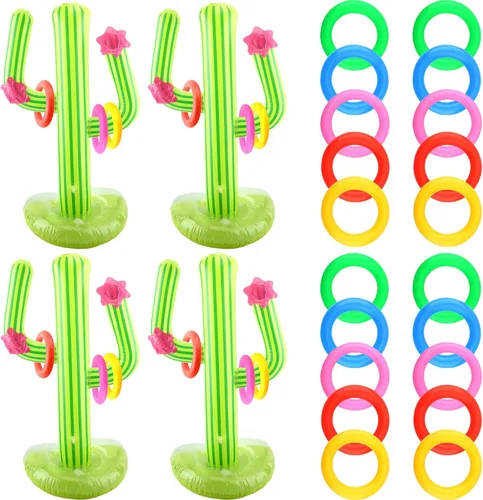 4 Set Inflatable Cactus Ring Toss Games Includes 4 Pcs 25 Inch Large Inflatable Cactus with 16 Pcs/ 20 Pcs Blow Up Ring Toss for Summer Pool Water