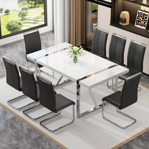 Vista 9 de Mesa de comedor Ebullient para 4, mesa de comedor rectangular negra de MDF, tapa de mesa de cena de mármol falso, mesa de comedor moderna con marco