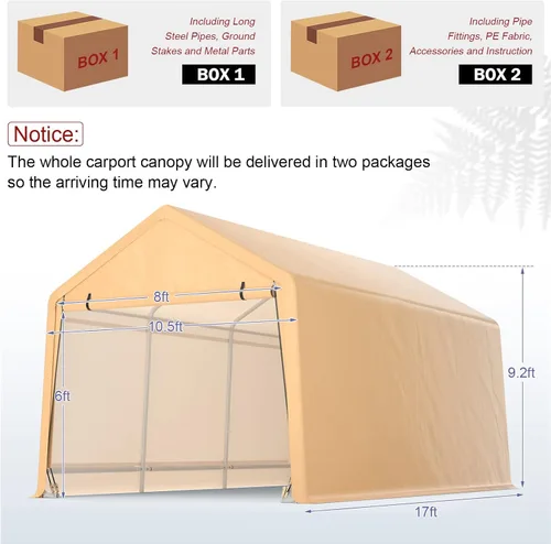 Vista 4 de Tangkula Cochera resistente de 10.5 x 17 pies, garaje portátil con puerta delantera enrollable, puerto de metal para automóvil con correas