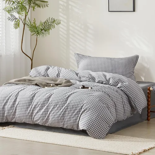 Vista 459 de SAPHREAS Juego de funda de edredón de algodón, tamaño King, a cuadros color gris oscuro y gris, geométrico, 3 piezas, 1 funda de edredón y 2 fundas
