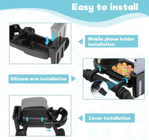 Vista 4 de Bandeja universal para refrigerios 3 en 1, estable y antideslizante, soporte flexible para teléfono con 2 ganchos, rotación de 360°, accesorios