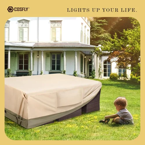 Vista 9 de COSFLY Funda Impermeable de Servicio Pesado para Muebles de Patio para Conjunto de Mesa y Sillas de Exterior - Se Adapta a 108L x 82A pulgadas, Tela