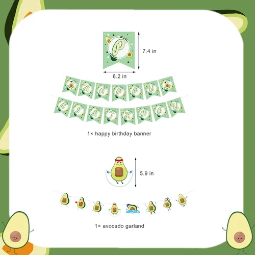 Vista 4 de Decoración de cumpleaños de aguacate, suministros temáticos de aguacate con banner de cumpleaños de aguacate, adornos para magdalenas de tartas