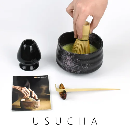 Vista 6 de Artcome Kit de ceremonia de matcha para ceremonia de té japonesa, cuenco tradicional de matcha, batidor, cuchara de té, colador de polvo matcha