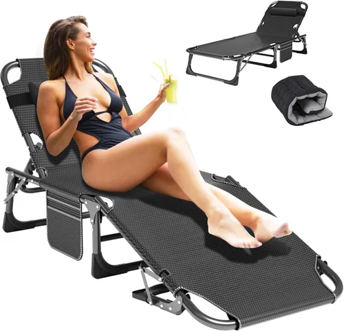 ABORON Tumbonas plegables para exteriores, silla de bronceado de patio con alfombra, almohada y bolsillo, tumbona de patio con respaldo reclinable