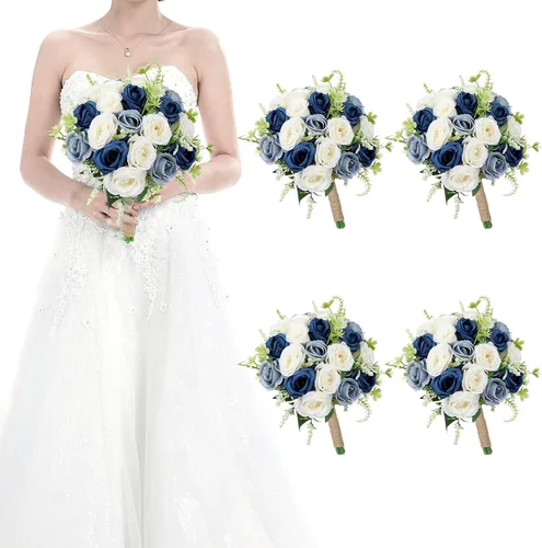 Vista 19 de Ramos para dama de honor para boda - Ramo de flores artificiales de 7 pulgadas para fiesta, ceremonia, aniversario, centros de mesa para mesa de Azul