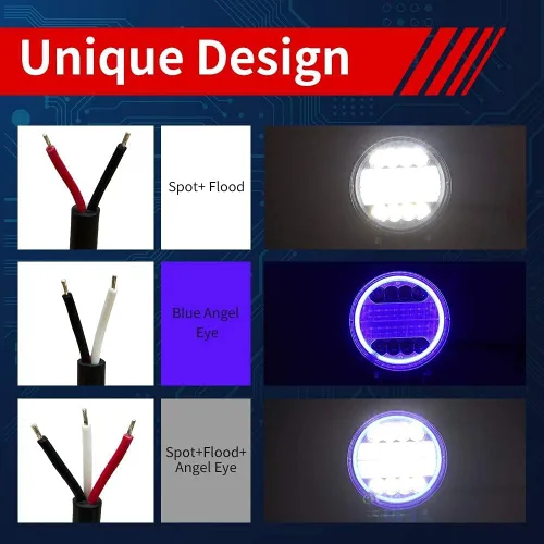 Vista 2 de Ourbest Cápsulas LED todoterreno, combo redondo de 4.5 pulgadas con anillo de ojo de ángel azul, luces de conducción de techo para camión, tractor