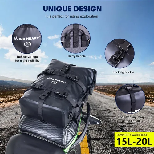 Vista 4 de WILD HEART Bolsa Seca Impermeable para Motocicleta Bolsas de Barra Antivuelco 15L usada como Equipaje de Motocicleta Barra Sissy Asiento Trasero