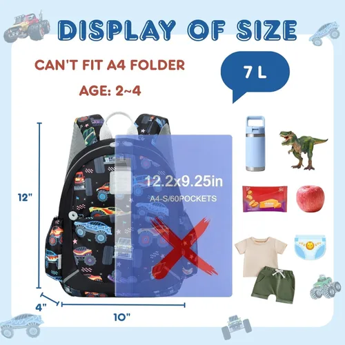 Vista 2 de CAMTOP Mochila para niños pequeños, 12 pulgadas para preescolar y guardería Vehículo negro