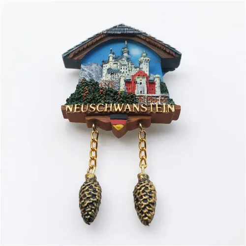 Vista 2 de Neuschwanstein Alemania - Reloj de cuco 3D para nevera, regalo de recuerdo, resina hecha a mano, imán neuschwanstein para nevera, colección