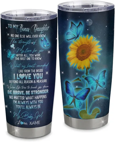 Vista 41 de Vaso de acero inoxidable personalizado con texto en inglés «To My Bonus Daughter From Stepmom», vaso curvado de 20 onzas con diseño de girasol