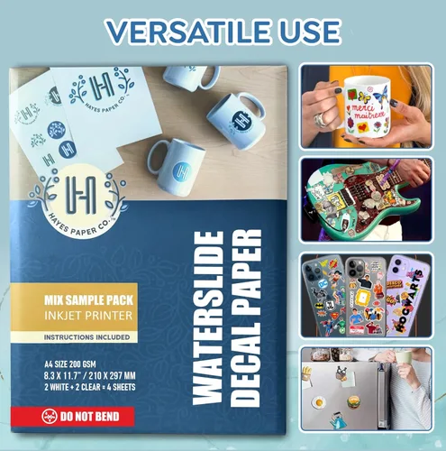 Vista 5 de Hayes Waterslide - Papel de calcomanía deslizable para impresoras de inyección de tinta 10 hojas transparentes A4 (8.25x11.7") Secado rápido