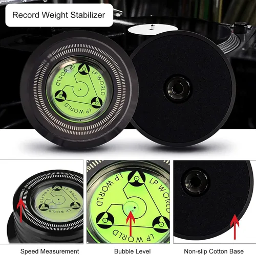 Vista 3 de Estabilizador de peso de récord de 10.5 onzas, nivel de placa giratoria de 60 Hz, medida de velocidad, escala estroboscópica, disco de registro