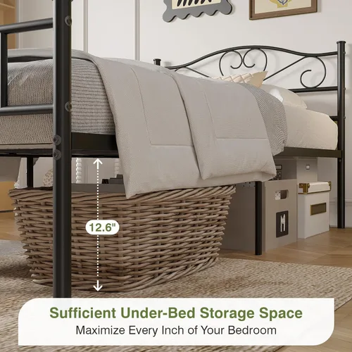 Vista 5 de VECELO Base de cama de plataforma de metal con cabecera y estribo, base de colchón de listones de acero, no necesita somier, individual, negro mate