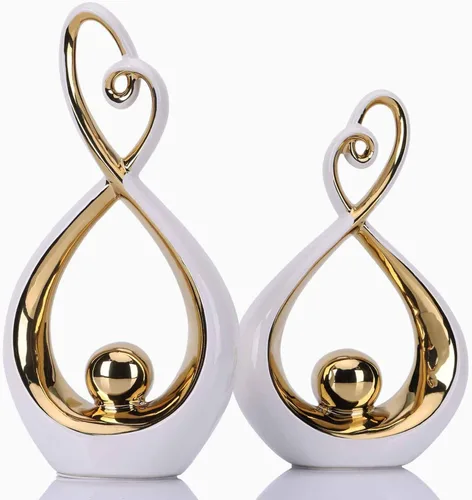 DOVDOV Arte moderno para decoración del hogar, juego de 2 piezas de escultura abstracta de cerámica, decoración de habitación blanca y dorada,