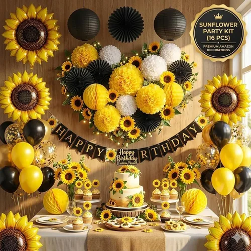 Vista 4 de ADLKGG 16 decoraciones de fiesta de abejas – abanicos de papel de seda amarillo, negro y blanco, faroles de papel, pompones, bolas de panal