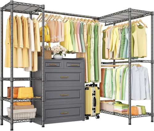 Vista 9 de ULIFHOME E10L - Perchero en forma de L para esquina (con barra de suspensión expandible), resistente y independiente para colgar ropa, perchero
