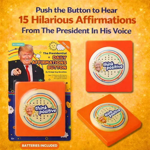 Vista 2 de The Monocle Breakers Botón de positividad hablando de Donald Trump - 15 citas de afirmación en su voz - Divertido juguete de escritorio de humor