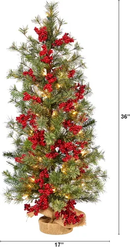 Vista 2 de Nearly Natural Árbol de Navidad artificial de bayas y pino de 3 pies con 50 luces blancas cálidas y base envuelta en arpillera