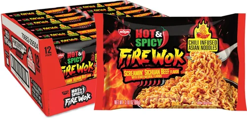 Nissin Fire Wok, sabor a carne de res Screamin, fideos asiáticos con infusión de chile picante y picante, 3.10 onzas (paquete de 12)
