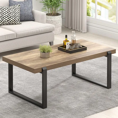 Vista 15 de FOLUBAN Mesa de café negra, mesa central moderna de madera y metal industrial, mesa rectangular de cóctel y té para sala de estar, 47 pulgadas