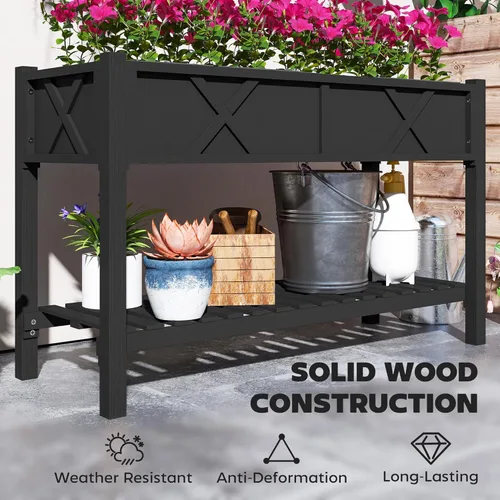 Vista 6 de Outsunny Cama de jardín elevada, maceta de madera elevada con estante de almacenamiento, agujeros de drenaje y forro para patio trasero, patio, Negro
