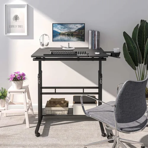 Vista 9 de Escritorio móvil de pie, escritorio ajustable para computadora con 3 escritorios, mesa portátil para laptop con soporte para tazas, estación de Negro