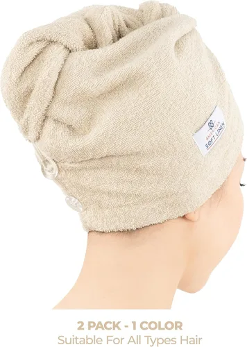 Vista 3 de American Soft Linen Toallas de pelo 100 % algodón para mujer, gorro de toalla de pelo, turbante de algodón para cabello largo y rizado Beige