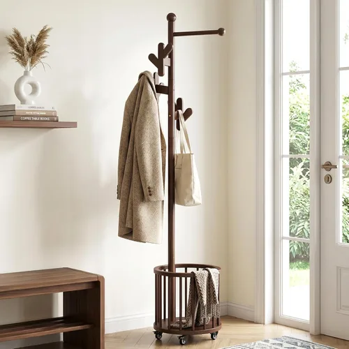 Vista 10 de CozyDH Wooden Coat Rack Stand with Umbrella Holder and Wheels, Freestanding Hall Tree Coat Hanger with Multi Hooks, Heavy Duty Coat Tree for
