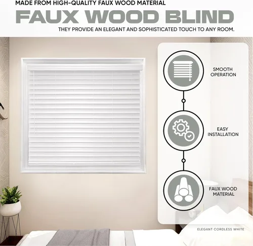Vista 2 de Ultra Premium - Persiana de madera sintética blanca de 2 1/2 pulgadas (2.5 pulgadas) de ancho x 64 pulgadas de largo