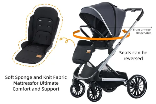 Vista 6 de Cochecito reversible, cochecito para niños pequeños con asiento convertible, cochecitos de viaje plegables con modelo acostado, cochecito alto