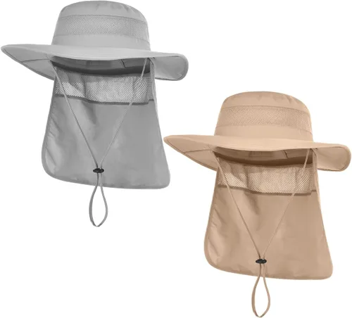Vista 14 de IYEBRAO - Paquete de 2 sombreros de sol con protección UV para hombre, con solapa para el cuello, plegable, de malla, para pesca, senderismo