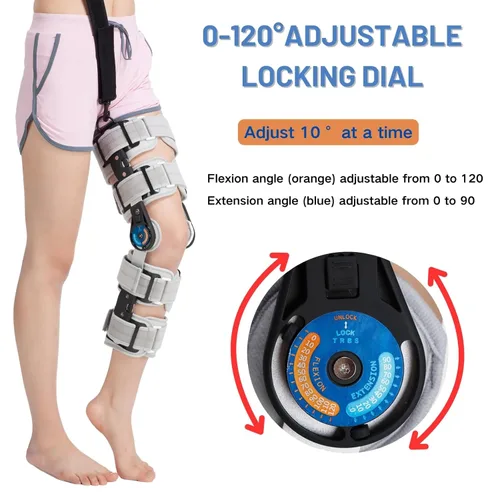 Vista 2 de Rodillera ROM con bisagras con estabilizadores laterales, inmovilizador de rodilla postoperatorio ajustable para lesiones de ACL, PCL y MCL, soporte