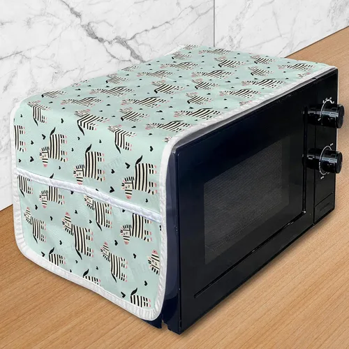Vista 57 de Ambesonne Skeleton Microwave Oven Cover, Sugar Skulls in Dotted Rhombus Floral Ornate on Grunge Backdrop, Water Resistant Organizer with Pockets for