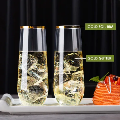 Vista 6 de Paquete de 48 copas de champán de plástico sin tallo, desechables irrompibles de 9 onzas con borde dorado, copas de champán elegantes e