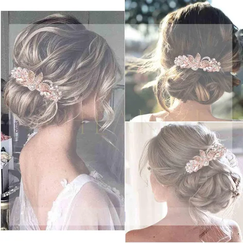 Vista 5 de Pasador de pelo de cristal con flor dorada con diamantes de imitación para el cabello, accesorios para el cabello de novia para mujeres y niñas