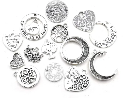 Vista 5 de Colección de dijes de palabras para mamá familiar, 32 piezas de suministros de manualidades, corazón y luna, palabras de amor, dijes para el día