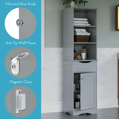 Vista 6 de RiverRidge, Grey Ashland - Gabinete de almacenamiento independiente para baño con tres estantes abiertos y cajón