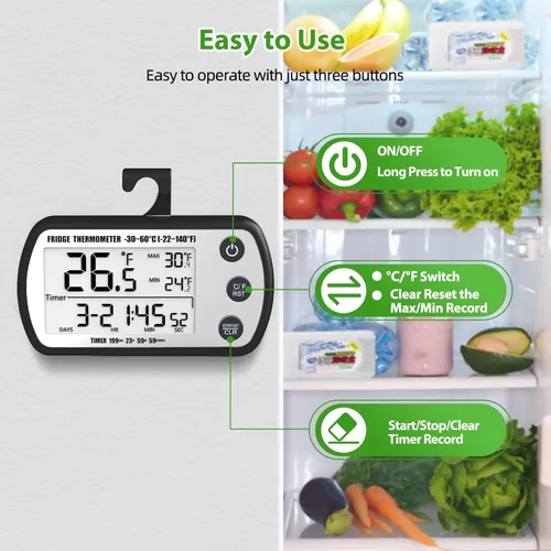 Vista 4 de Termómetro Digital para Refrigerador Paquete de 2, Termómetro Impermeable para Refrigerador, Termómetro para Congelador de Pantalla Grande de 2.25