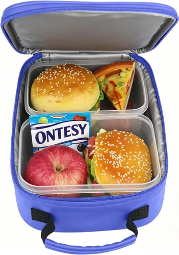 Vista 5 de ONTESY Lonchera de cuero impermeable con aislamiento térmico Bentobox para niños, contenedor de alimentos reutilizable para niños, adolescentes Azul