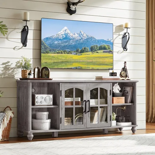 Vista 11 de RWYHG Soporte de TV estilo granja para TV de 60 pulgadas, centro de entretenimiento de madera con estantes ajustables y gabinete de almacenamiento