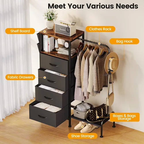 Vista 4 de Homeiju Cómoda con estante para colgar, cómoda reversible para dormitorio con 4 cajones y perchero y bolsillos laterales, cómoda con perchero, Negro