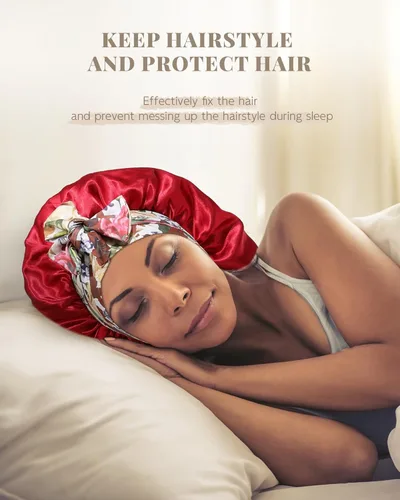 Vista 2 de MBJERRY Gorro largo de satén para trenzas, capó de seda para dormir, banda elástica para mujeres negras, cabello rizado