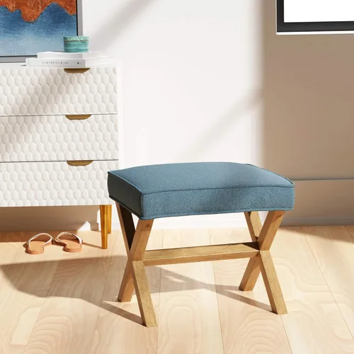 Vista 2 de Yaxa Basics Small Ottoman Foot Rest, Mid-Century Modern X Square Polyester Foot Stool, Indigo Blue, 20"W x 18"D x 18"H