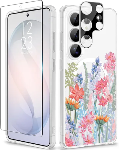 Vista 45 de GVIEWIN Funda protectora para Samsung Galaxy S25, transparente floral, delgada, a prueba de golpes, para mujer, no se pone amarilla, con protector