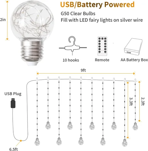 Vista 6 de Wish - Cortina de luces de bola de 200 luces LED para ventana, USB / batería, guirnalda de luces para telón de fondo de boda, habitación