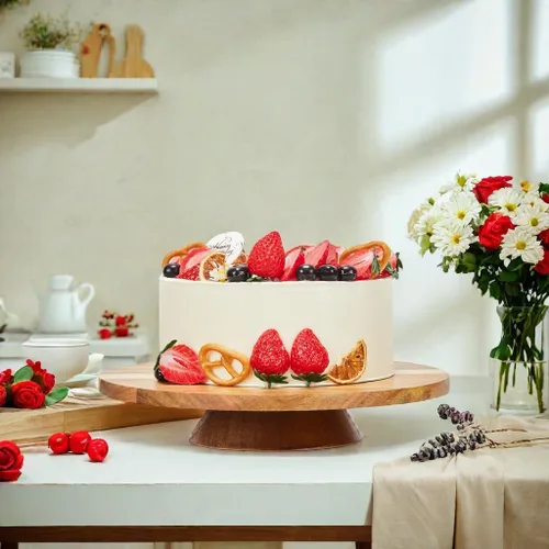 Vista 7 de Soporte giratorio para pasteles de madera de acacia de 12 pulgadas, plato giratorio para pasteles de 2 pulgadas de alto con 2 espátulas de glaseado